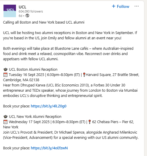 A LinkedIn post from UCL promoting US alumni events
