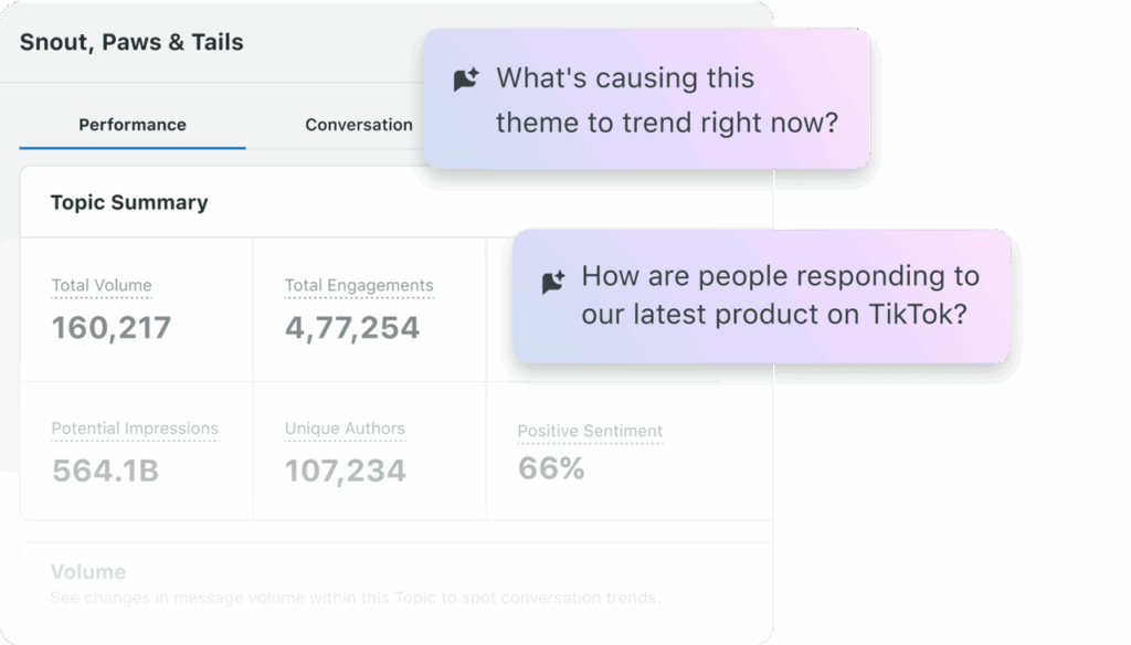Sprout's AI Assist feature in Listening, where social media teams can use conversational prompts for deeper data insights. 