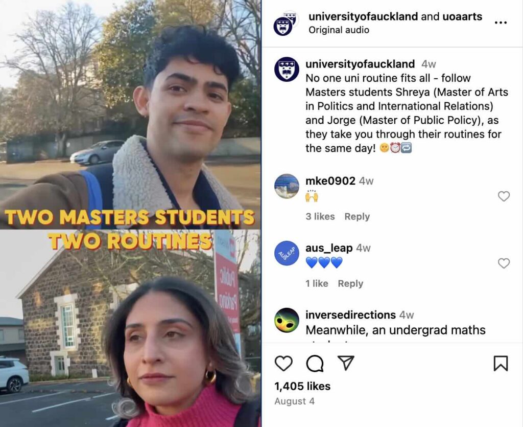 An Instagram Reel from the University of Auckland with a split screen that shows the daily routine of two different students