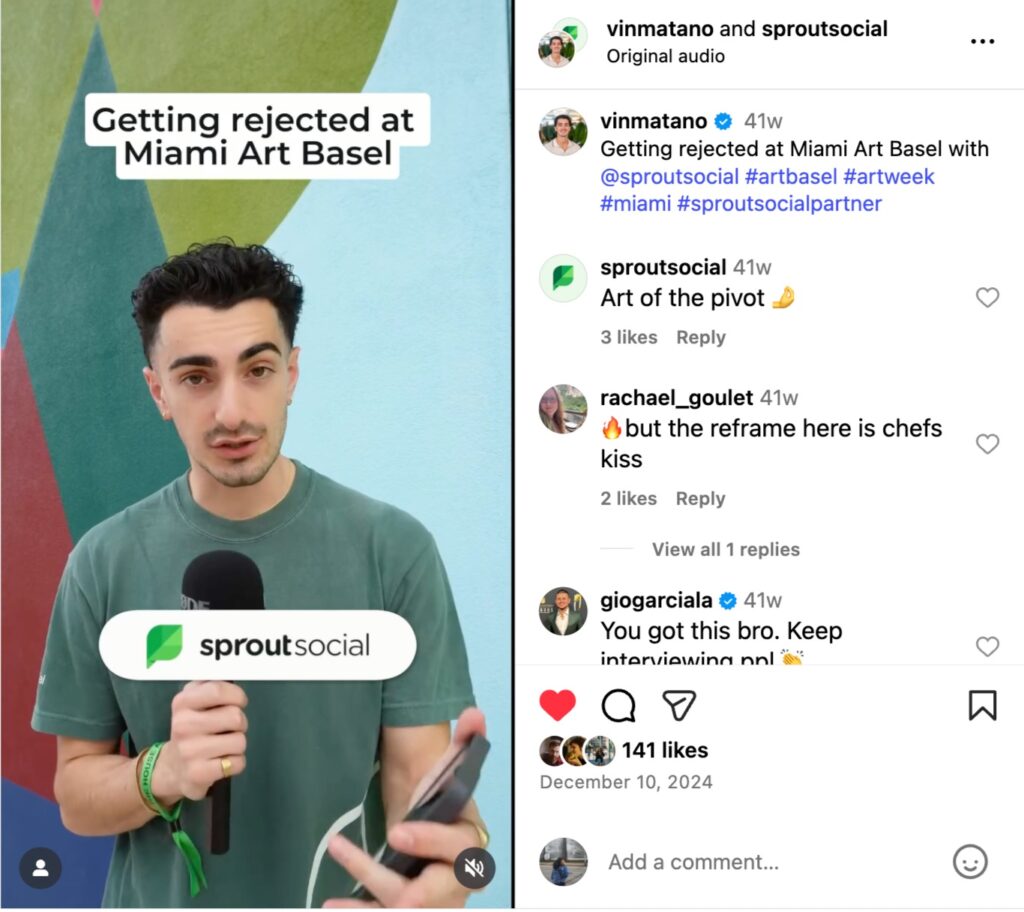 An Instagram Reel featuring creator Vince Matano reporting live from Art Basel on behalf of Sprout Social. 