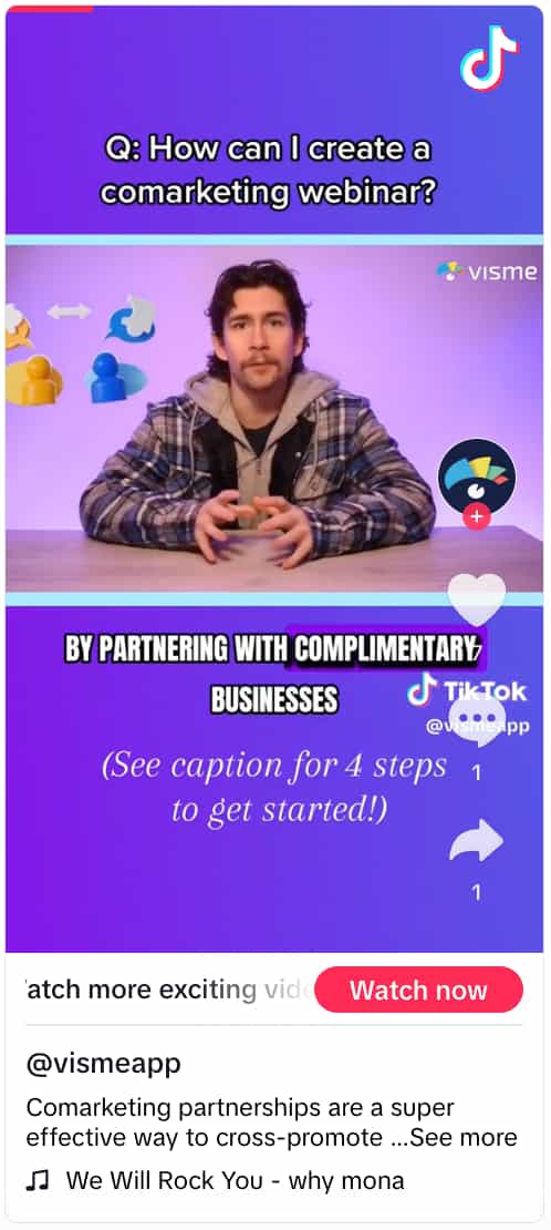 Visme TikTok video showing a person speaking to the camera with text overlay that reads "See caption for 4 steps to get started"