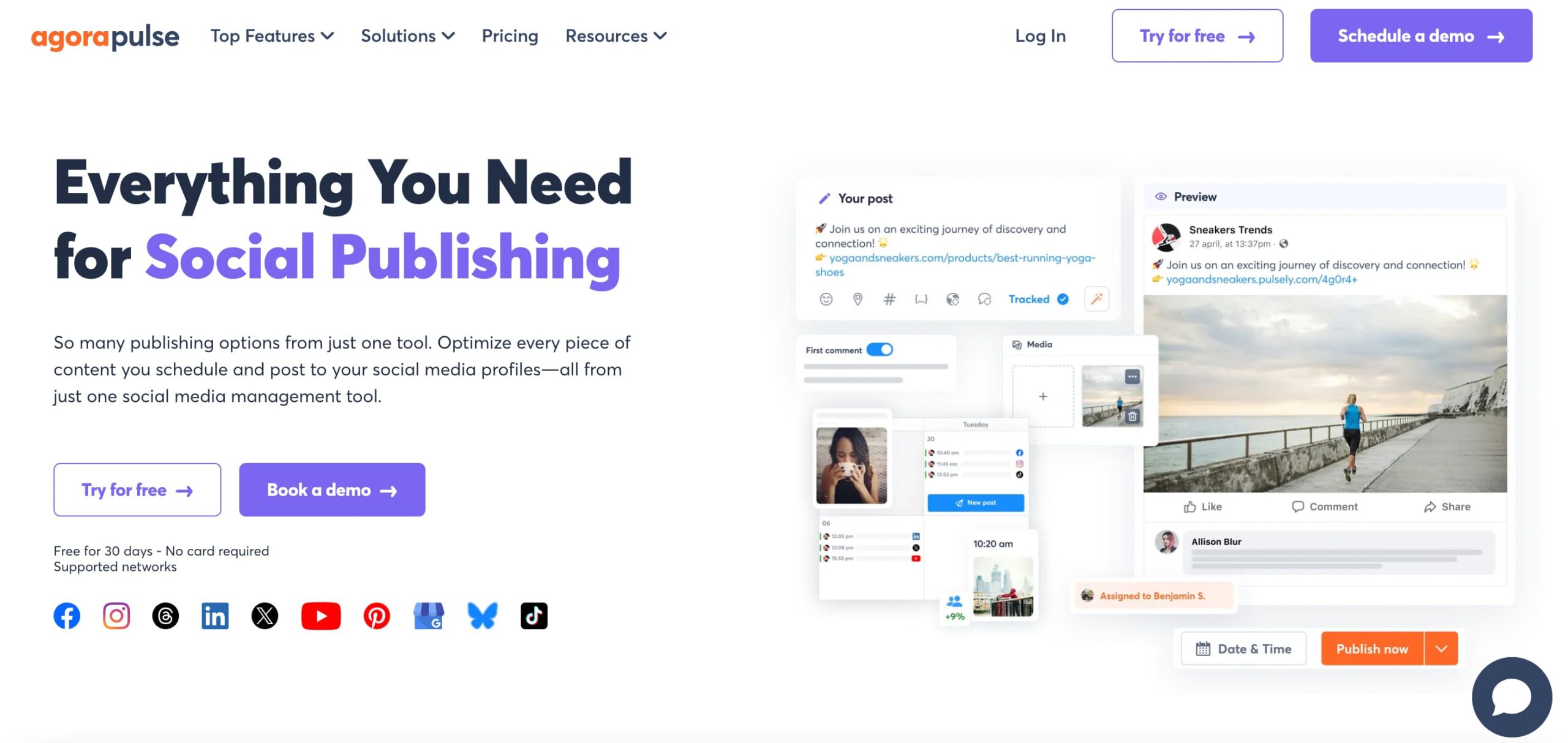 agorapulse homepage showing text that reads "everything you need for social publishing" next to images showing a preview of the dashboard