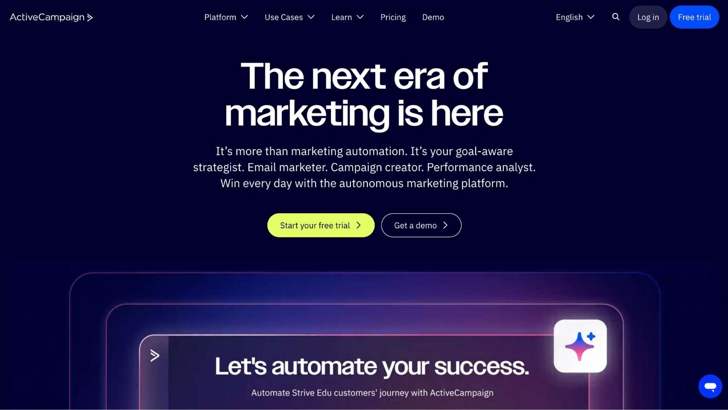 ActiveCampaign’s page reads, “The next era of marketing is here,” with an invitation to start a free trial or get a demo.