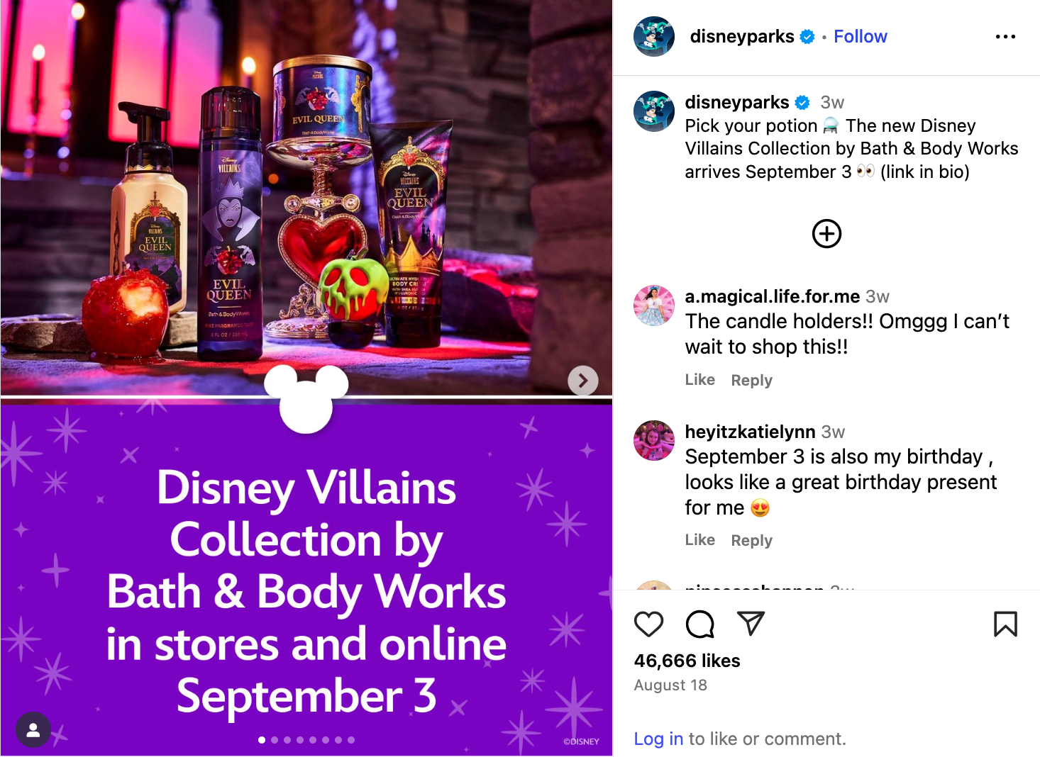 Disney sharing a post about their product co-creation partnership with Bath & Body Works on Instagram.