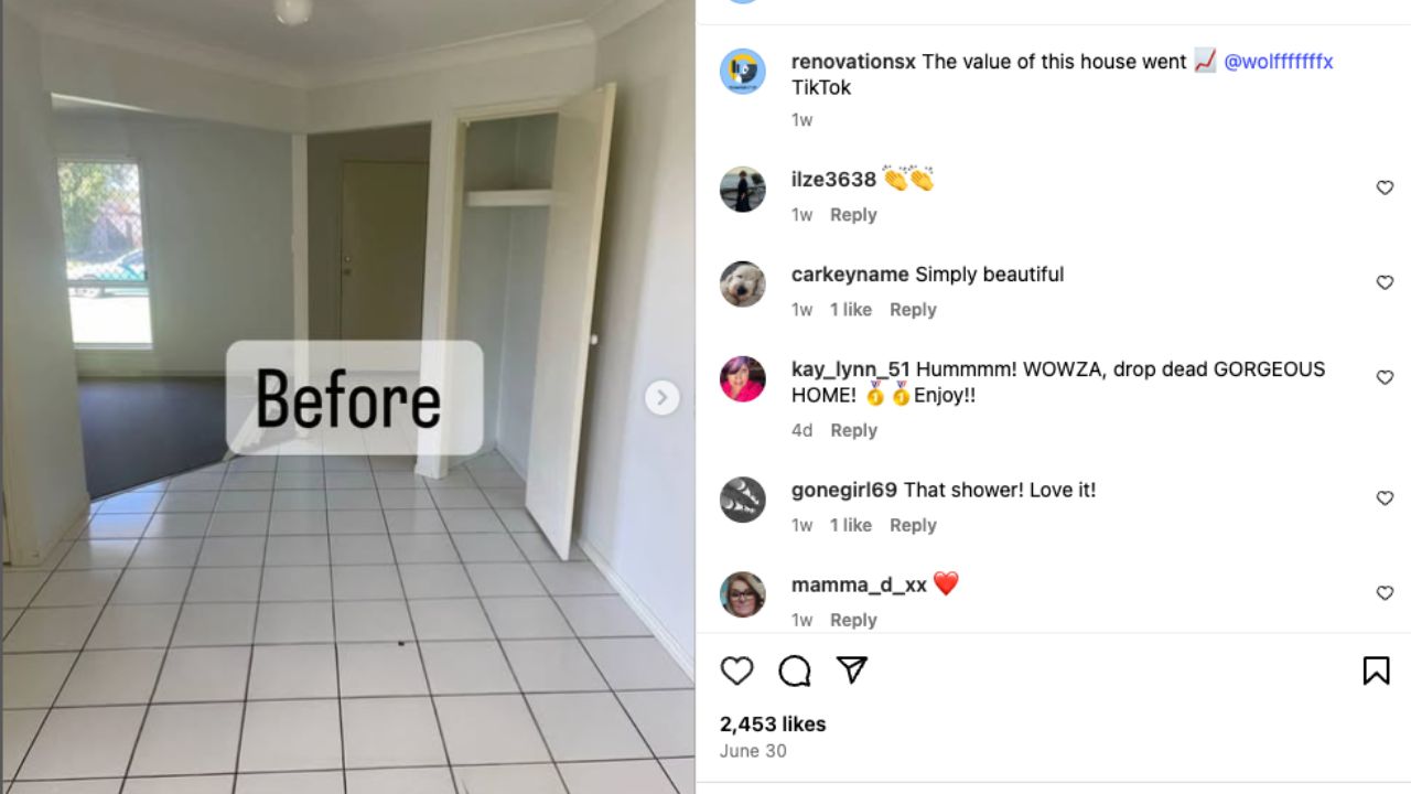 An Instagram carousel depicting a before shot of a tiled home in need of renovation. 