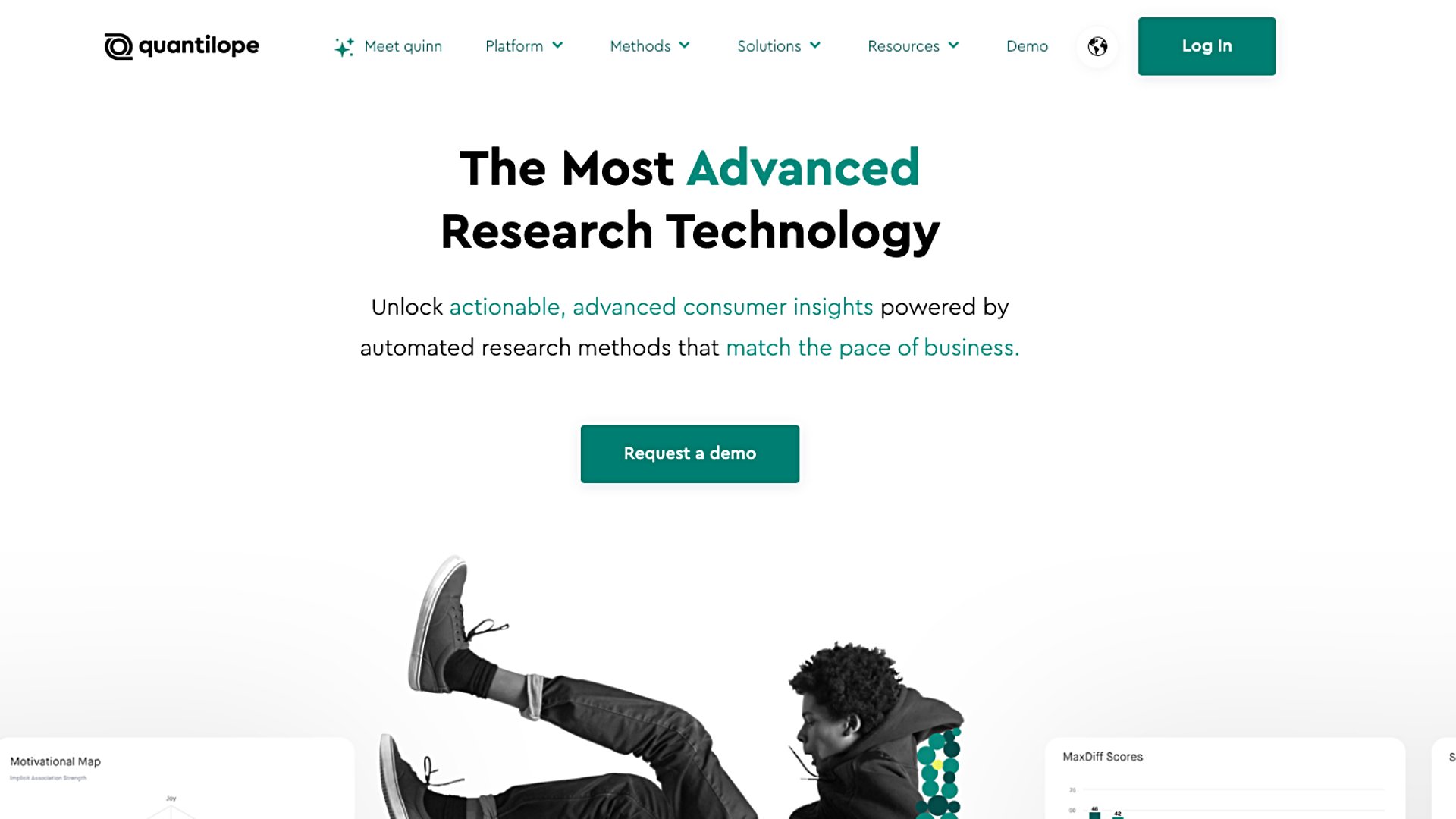quantilope’s homepage shows advanced research technology and visual insights dashboards