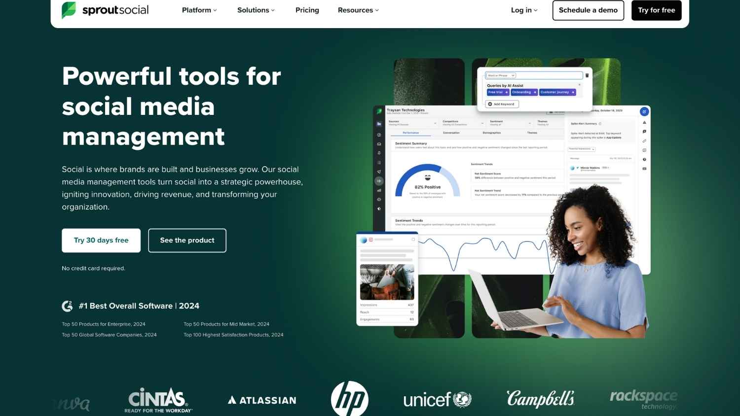 Sprout Social’s homepage shows a sentiment dashboard, engagement metrics and brand logos