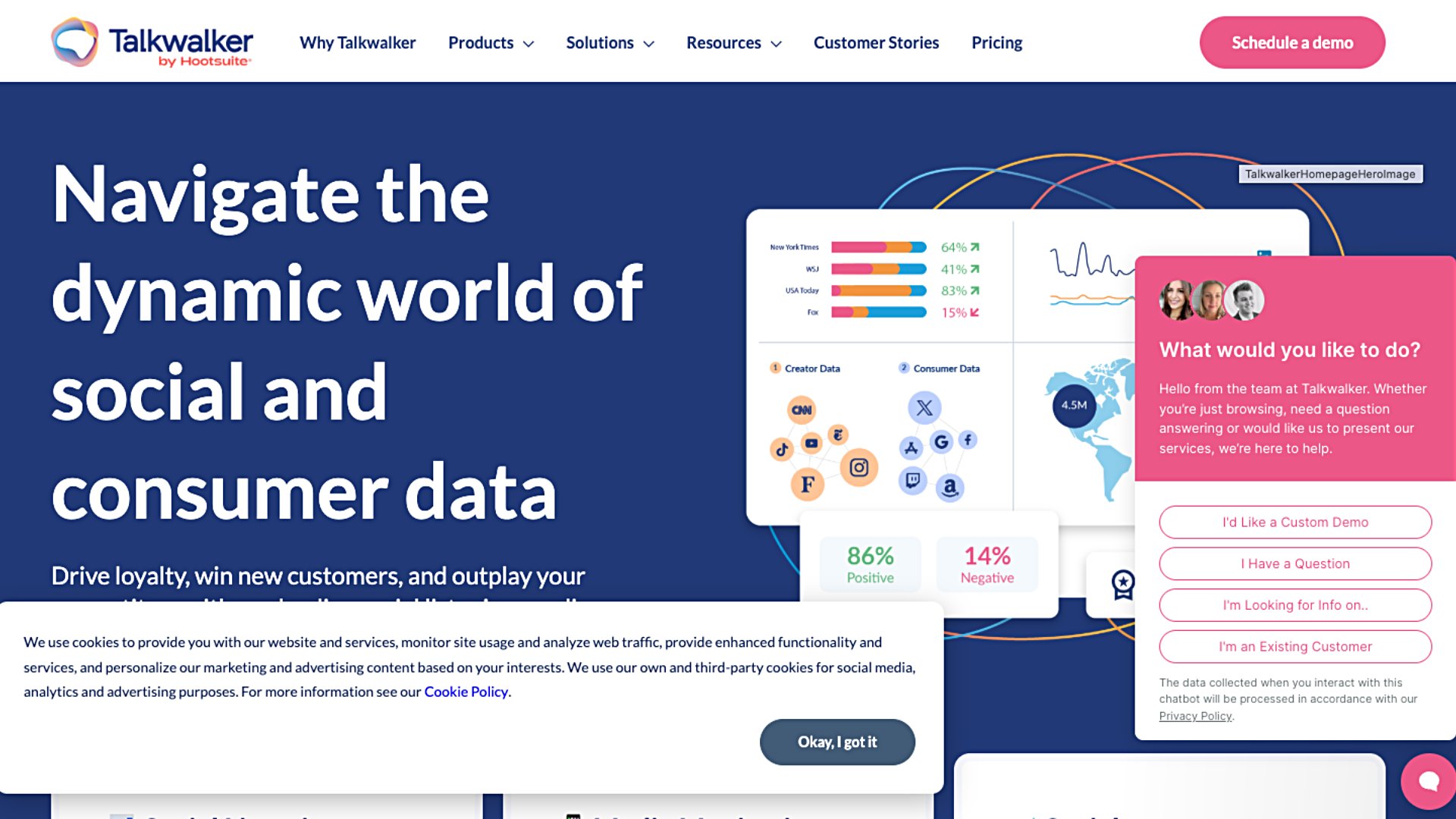 Talkwalker’s homepage features tools for social listening, media marketing and social benchmarking