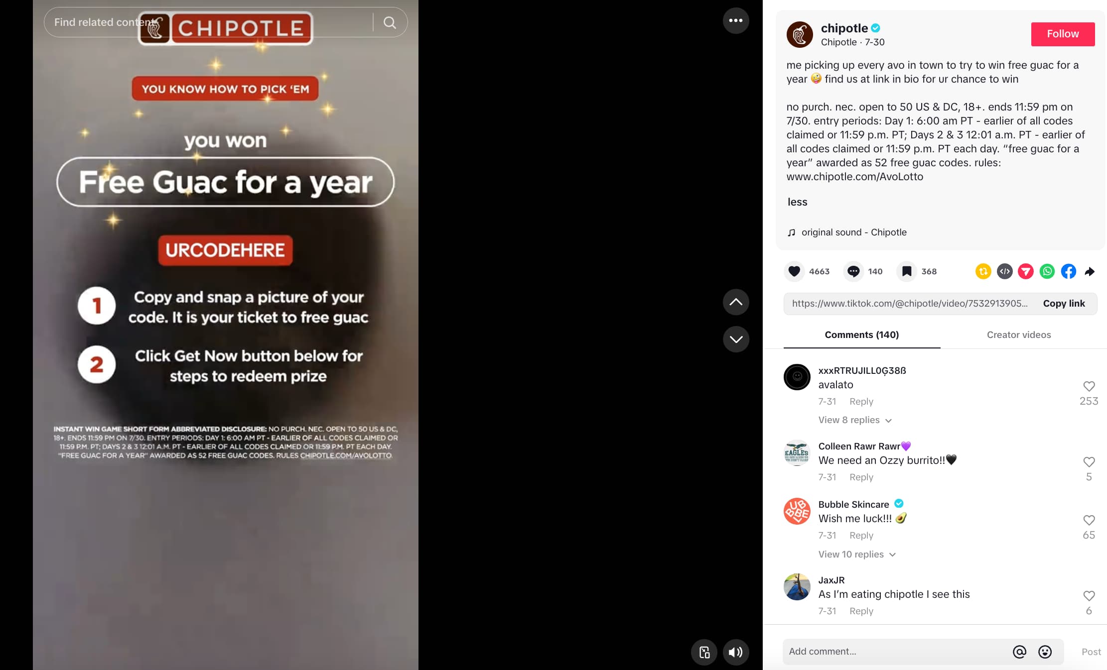 Chipotle video showing a screen where a user won free guac for a year and gets instructions on how to use the code, and a caption that encourages users to "find us at link in bio for ur chance to win"