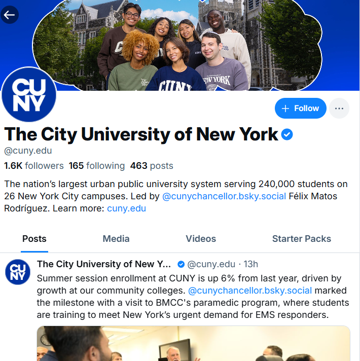 The City University of New York’s Bluesky feed, featuring a post on enrollment numbers. 