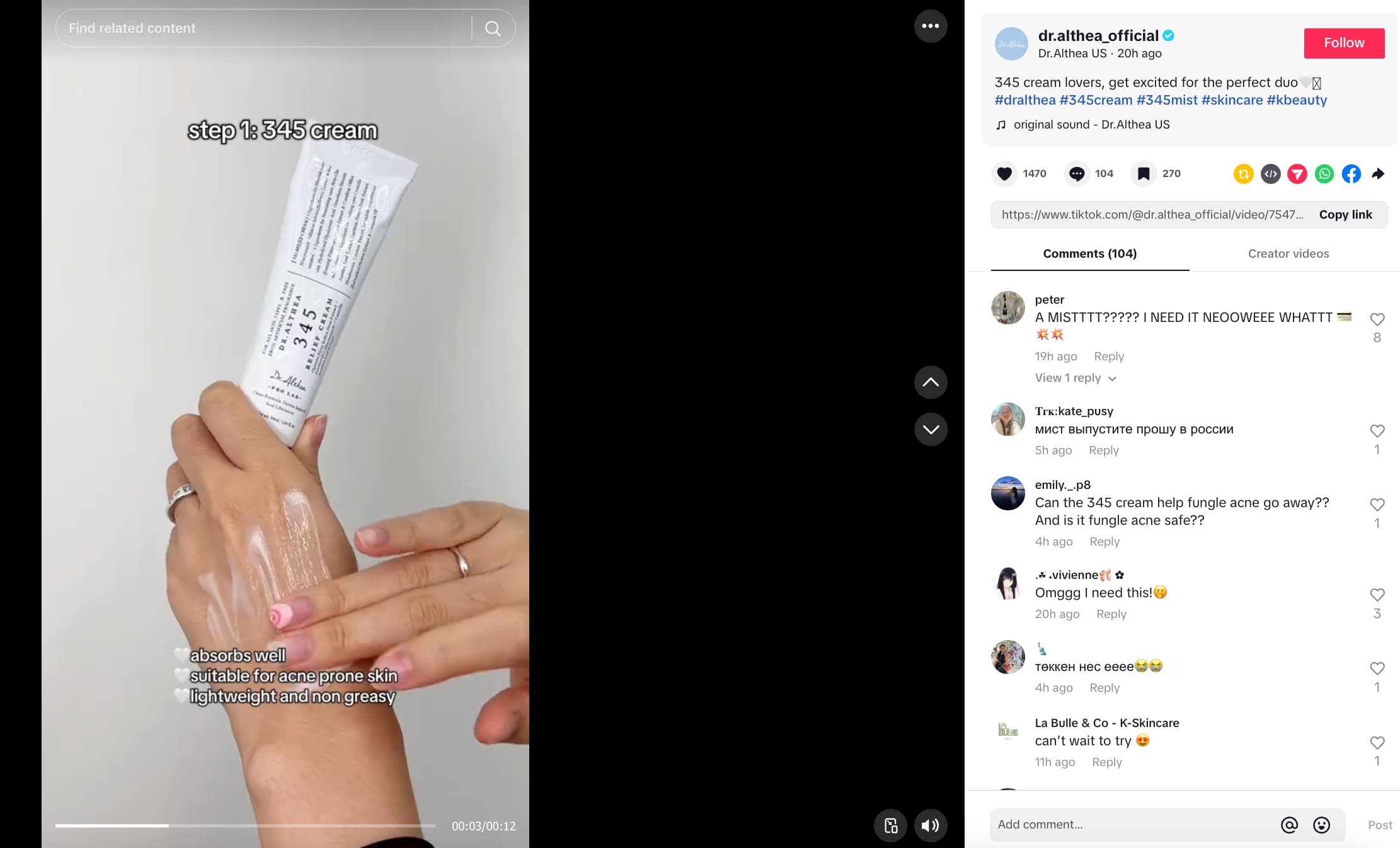 Dr. Althea TikTok video showing one hand holding the brand's product and another hand applying the product, and text overlay that highlights the steps and benefits