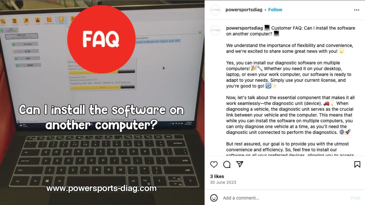 An Instagram post featuring a laptop overlaid by a customer question about installing software.