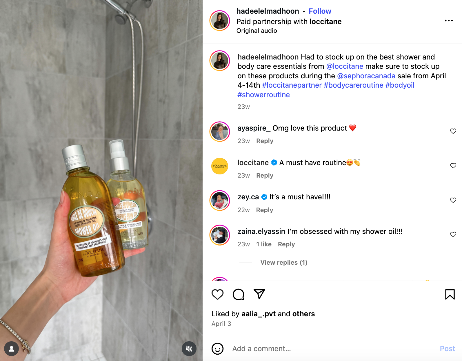 Influencer Hadeel Elmadhoon posting a photo on Instagram in collaboration with beauty brand L'occitane.