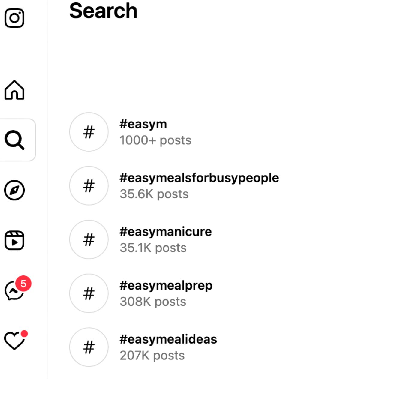 An incomplete Instagram search shows hashtag ideas from easy meal prep to easy manicure. 