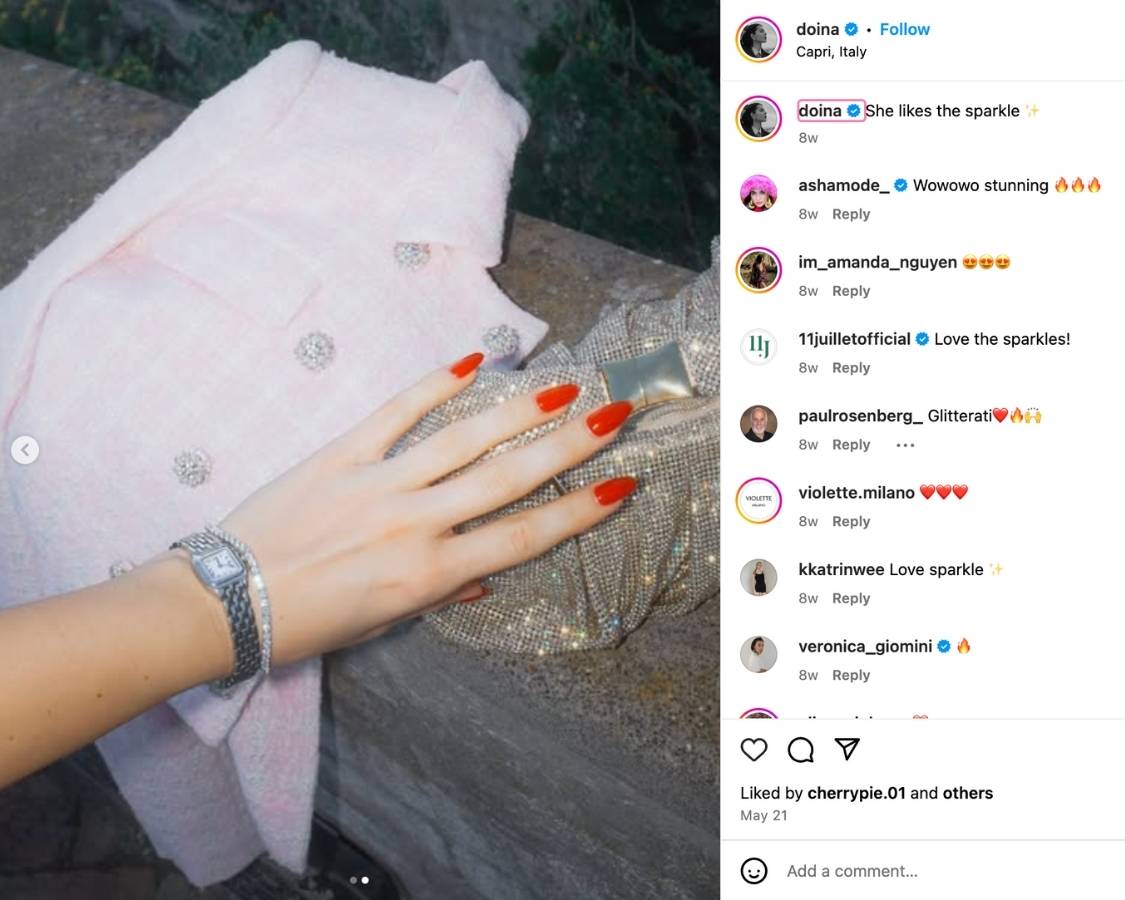 An Instagram influencer showcases her watch, bracelet, bag and jacket.