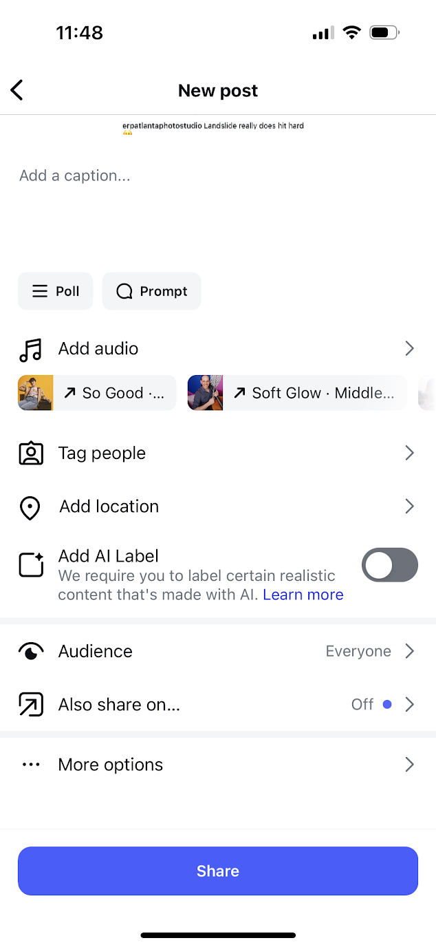 new post creation window on the Instagram app showing "more options" button at the bottom