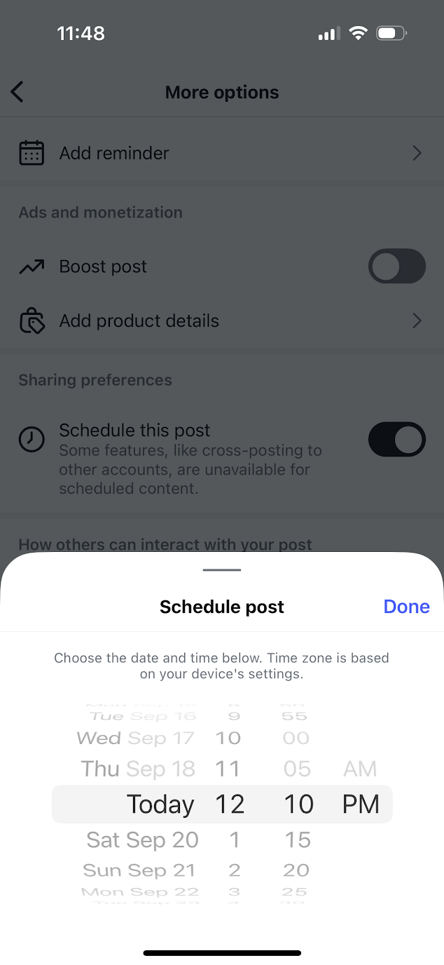 Instagram app "more options" window showing an option to select the date and time to schedule the post