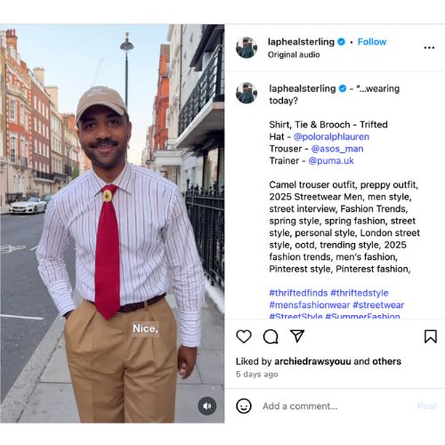 An Instagram reel depicting an interview with a well-dressed person on a quiet London street.