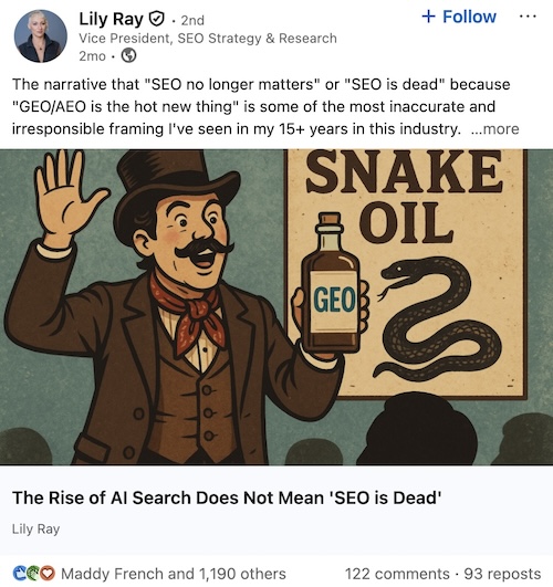 Example of key opinion leader Lily Ray's post on LinkedIn