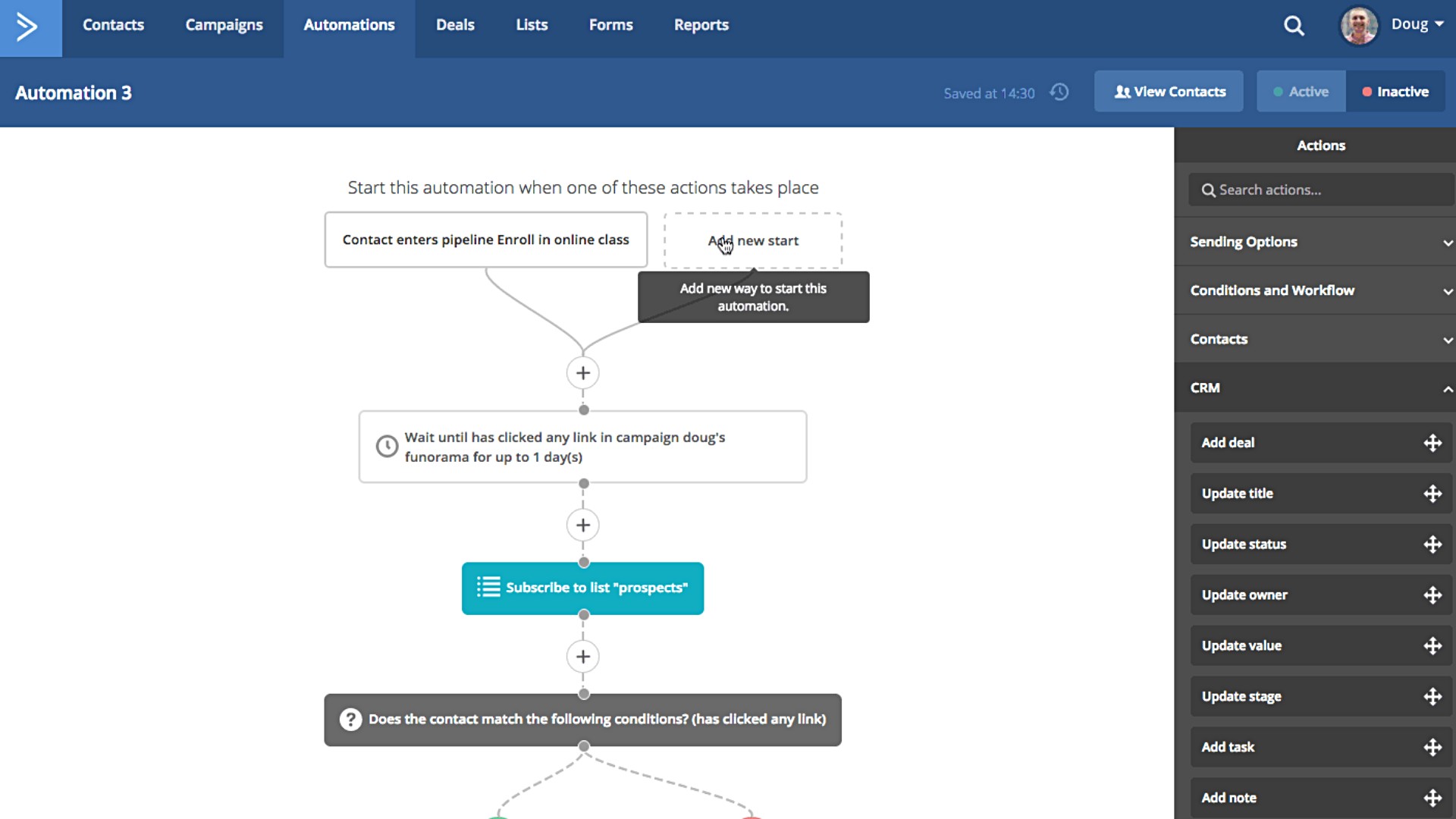 ActiveCampaign’s automation builder shows an email engagement flow with conditional logic, list subscription and CRM task actions.