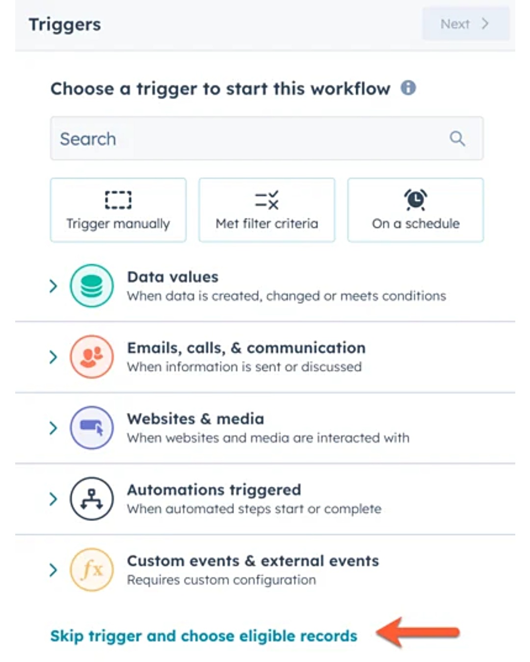 HubSpot’s workflow setup screen shows trigger options: Data, Communication, Automation and Advanced