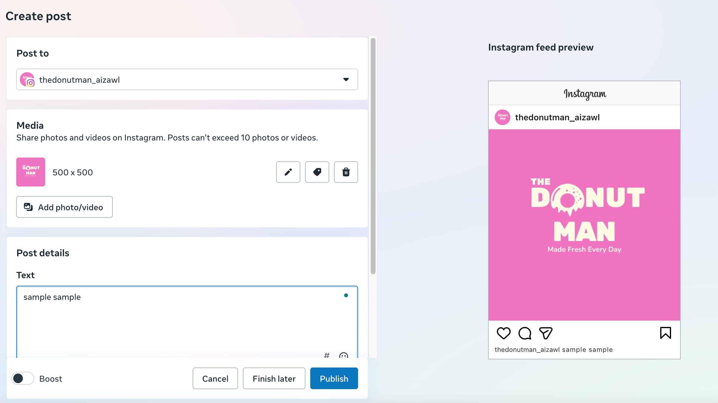 compose window on Meta Business Suite showing a left-hand panel to select the profile, upload the media and add text and a right-hand panel showing a preview for an image post with the text "the donutman" against a pink background