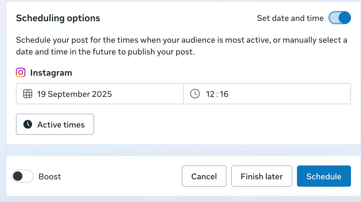 scheduling options window on Meta Business Suite showing the date and time and a button for "active times"