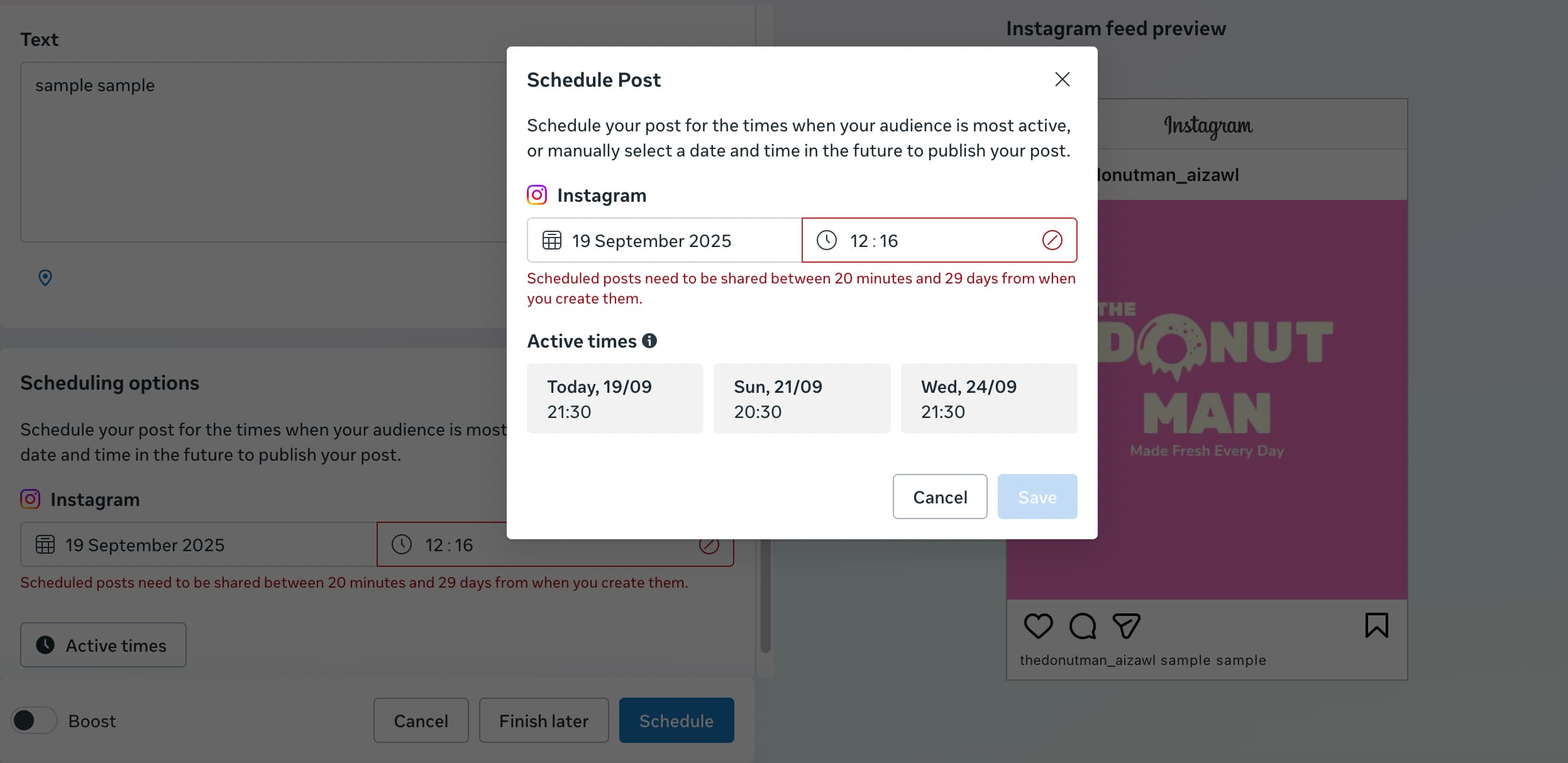 popup window showing the option to choose the date and time to schedule the post and three most active times