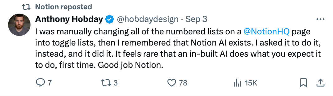 Notion reposting an X post where a customer tagged the brand and praised the product's AI features.