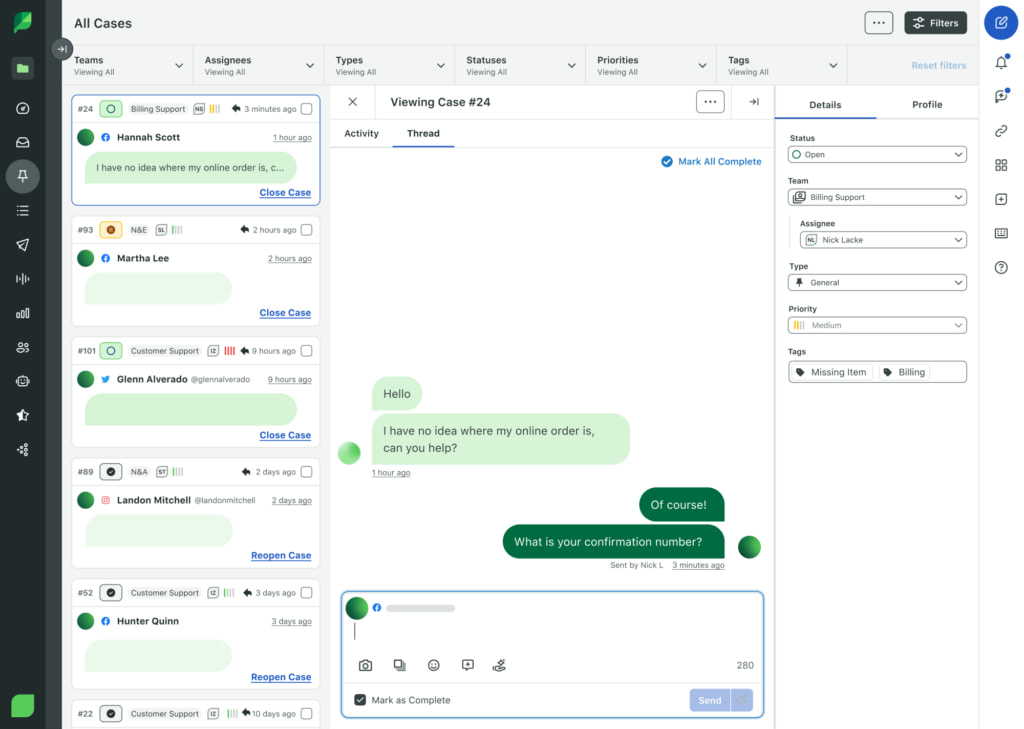 The Case Detail view in Sprout Social. A customer is asking for help with an online order, and an agent responded by requesting their confirmation order. The agent can see previews of five other cases in their queue.