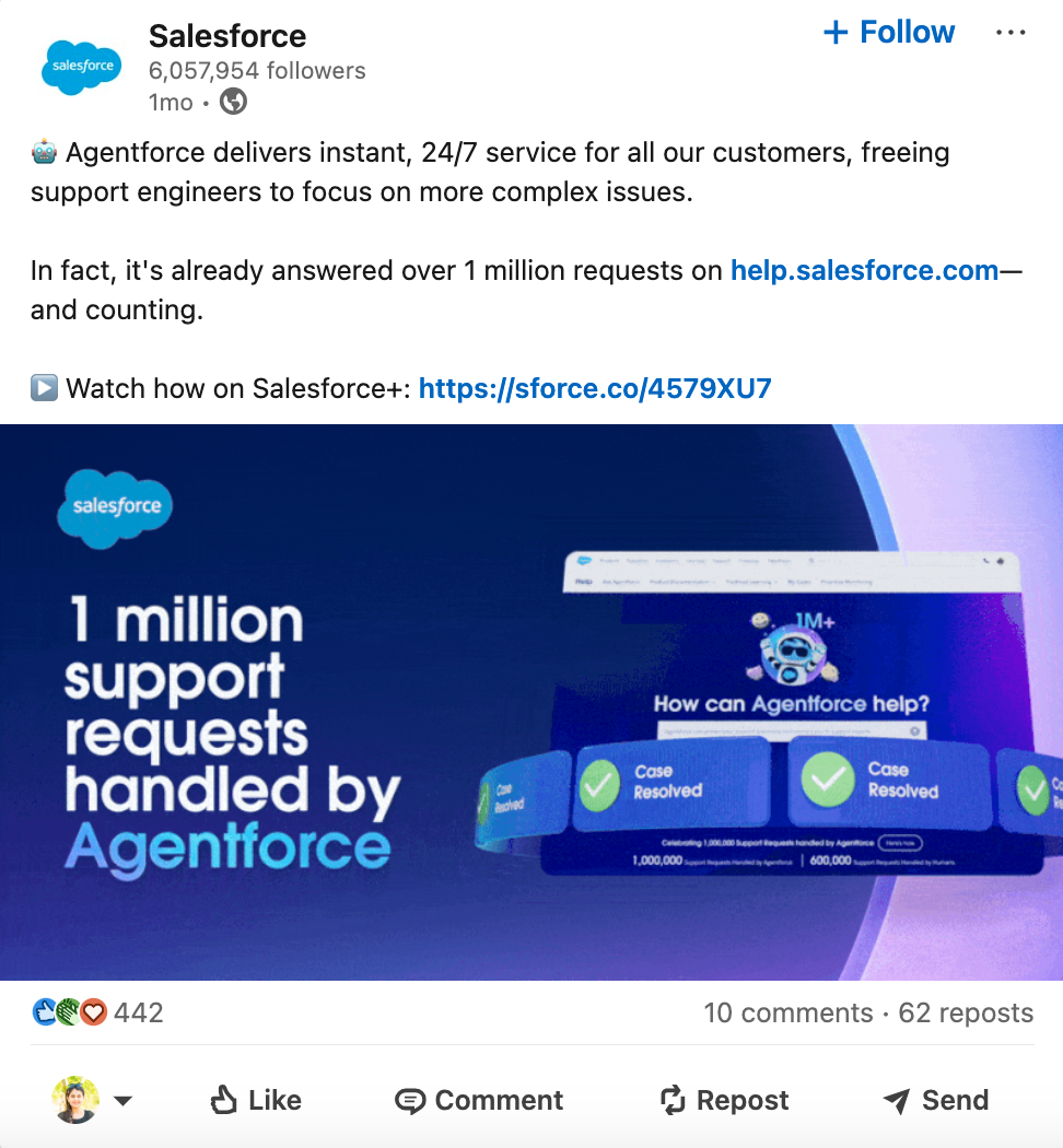 Salesforce sharing a post about one million requests handled by their AI product Agentforce on LinkedIn.