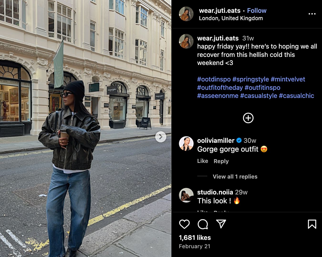 An Instagram post of a person in a dark jacket and jeans posing on a city street, caption includes the #AsSeenOnMe hashtag