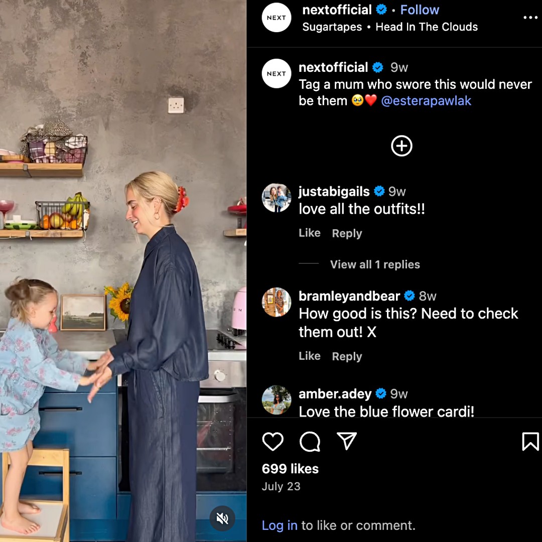 An Instagram Reel shows a woman standing behind a young girl who’s standing on a chair in a kitchen, holding her shoulders