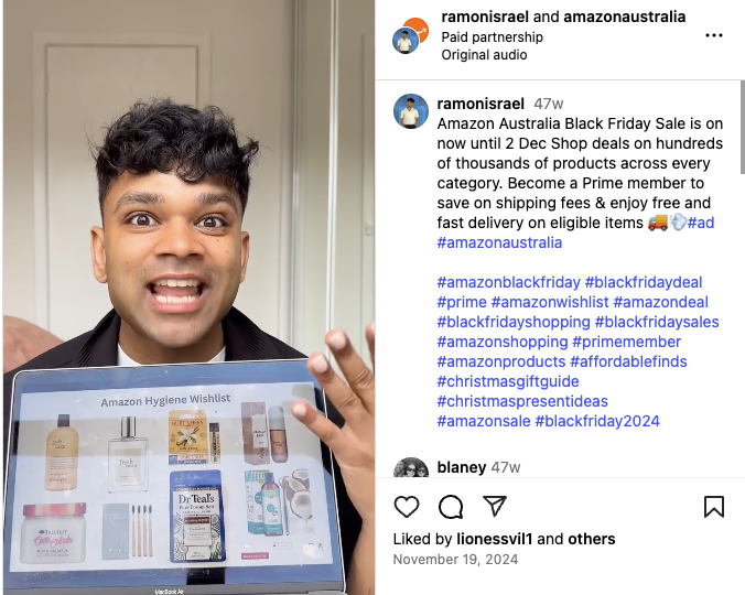 An Instagram post that shows an influencer showcasing Amazon Australia’s Black Friday deals