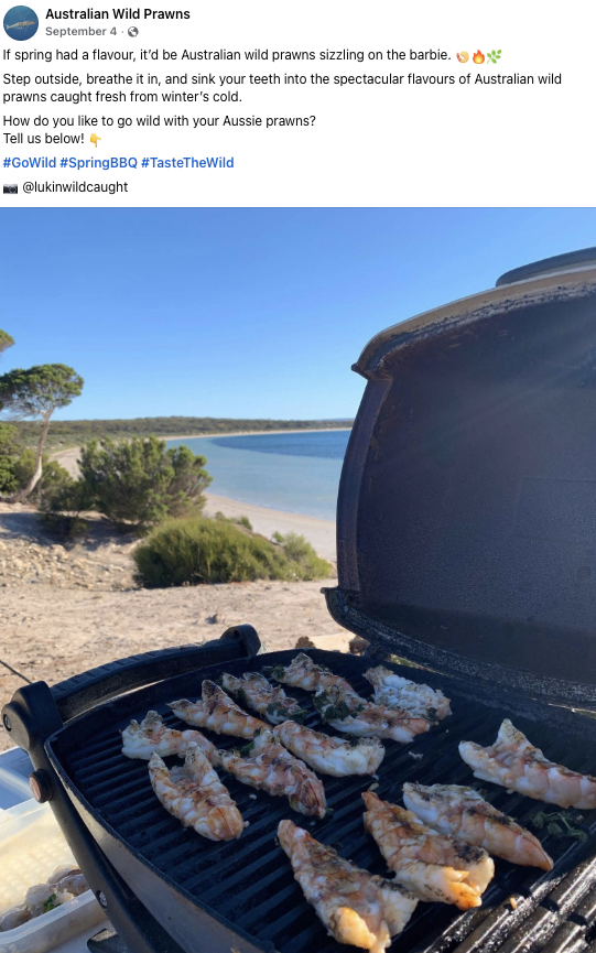 A Facebook post from Australian Wild Prawns shows prawns cooked by a micro-influencer