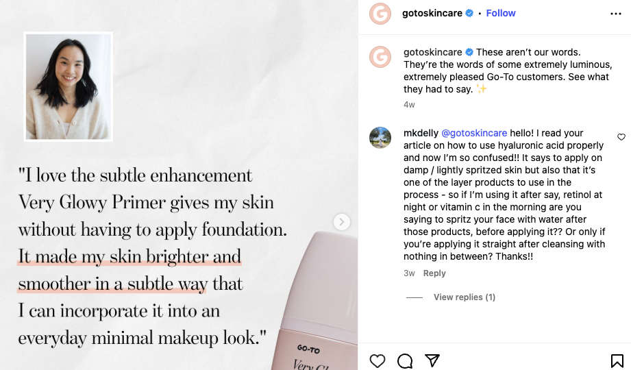 An Instagram post from Australian brand Go-To Skincare featuring a simple customer testimonial instead of flashy graphics