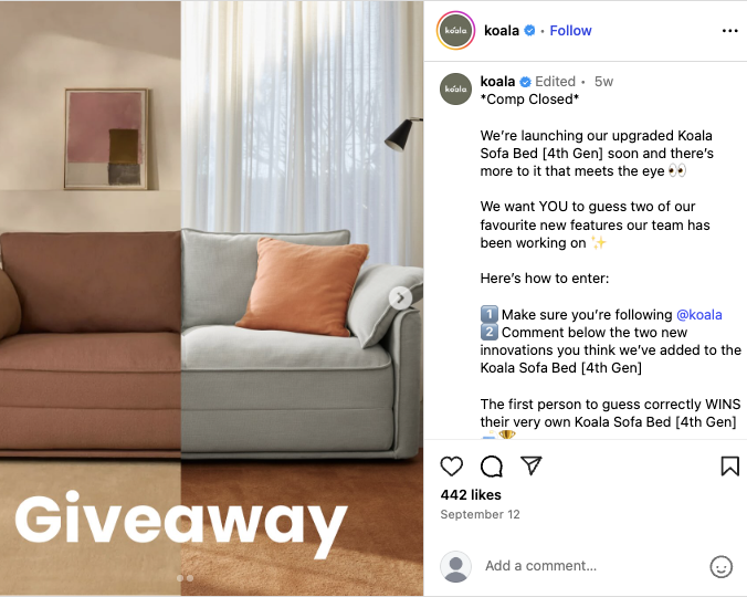 Koala’s giveaway post on Instagram asks users to engage