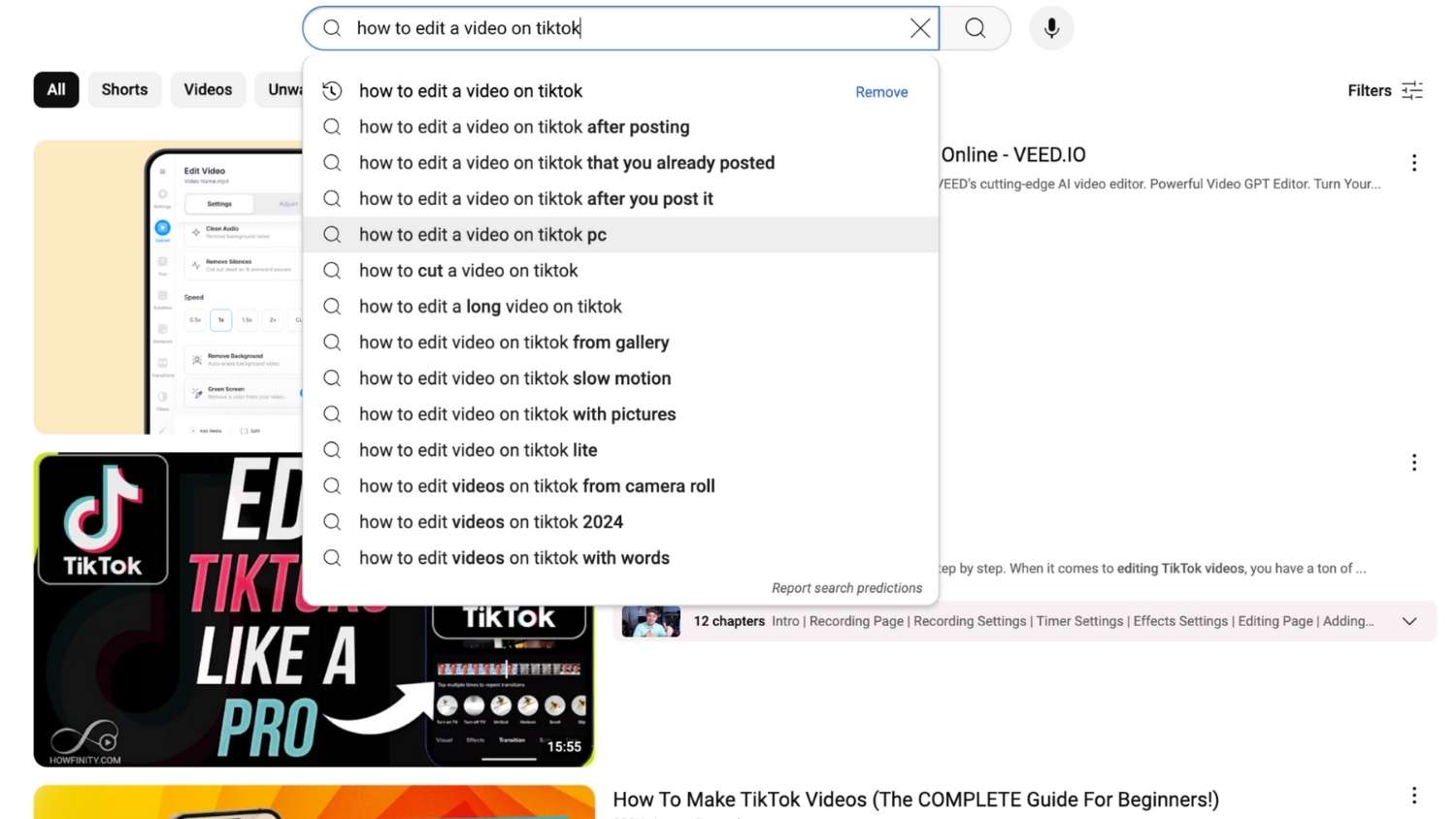 YouTube search results for "how to edit a video on TikTok," showing autocomplete suggestions and videos