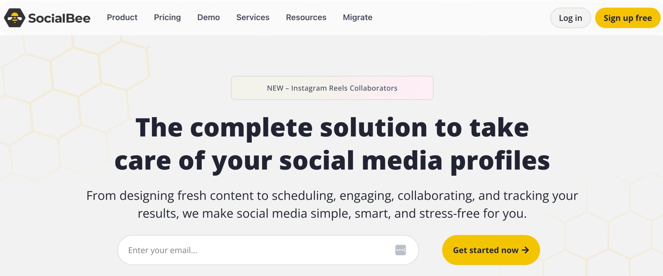 SocialBee homepage showing text that reads "the complete solution to take care of your social media profiles"