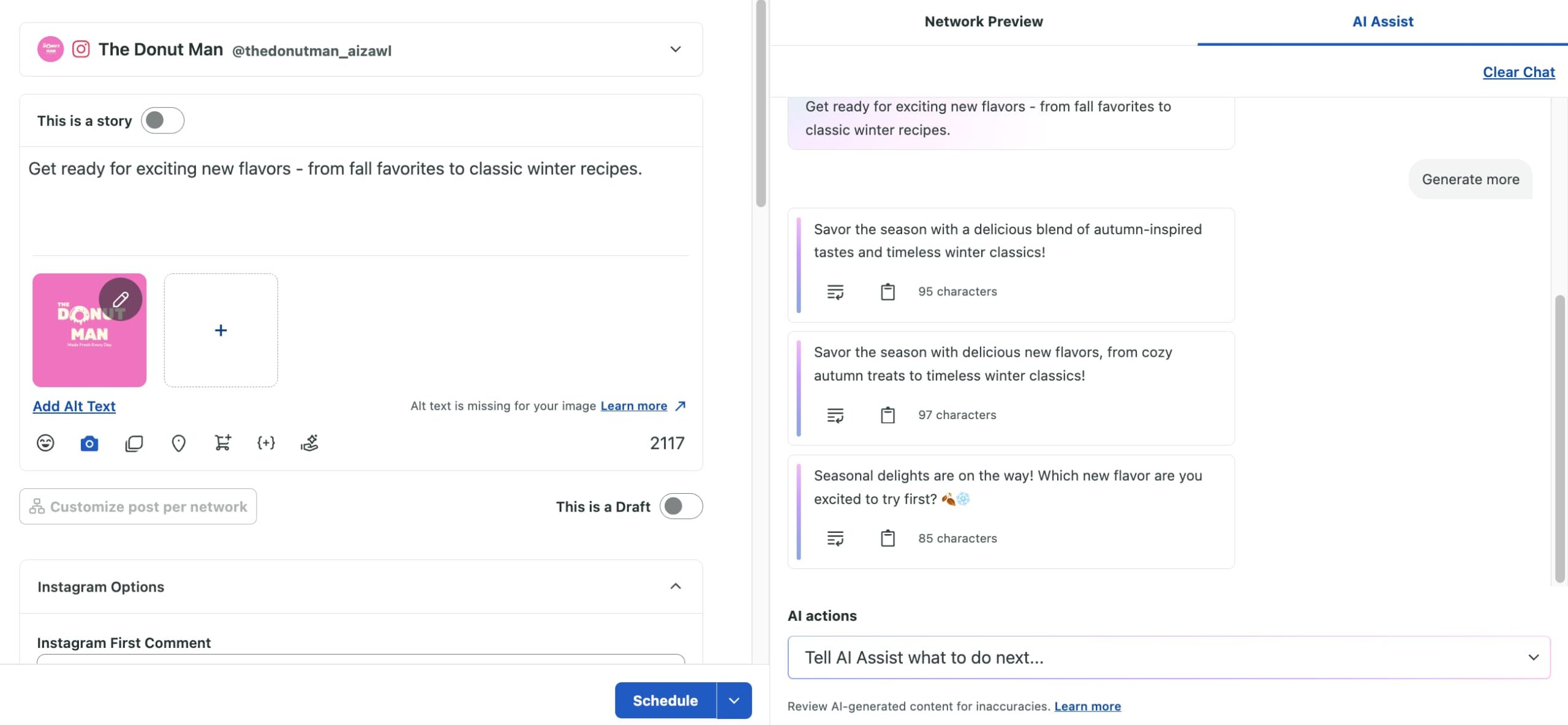 sprout compose window showing a post draft on the left-hand panel and a few caption suggestions from AI Assist on the right-hand panel