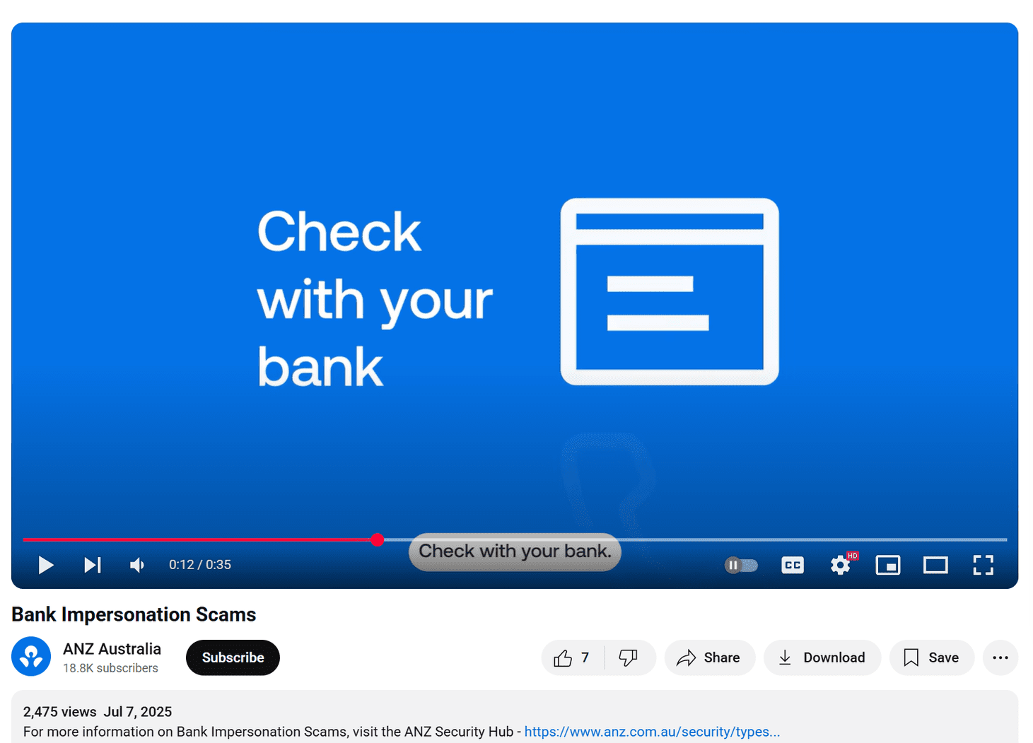 A YouTube video posted to the ANZ channel about bank impersonation scams.