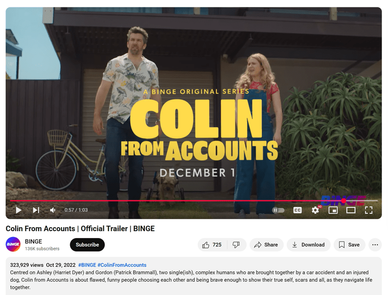 A YouTube video on the BINGE channel promoting one of its most popular Australian series, Colin from Accounts.