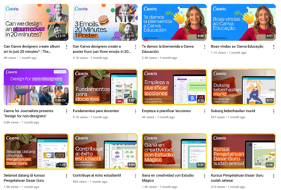 Canva’s YouTube channel, which features an extensive selection of multilingual videos.