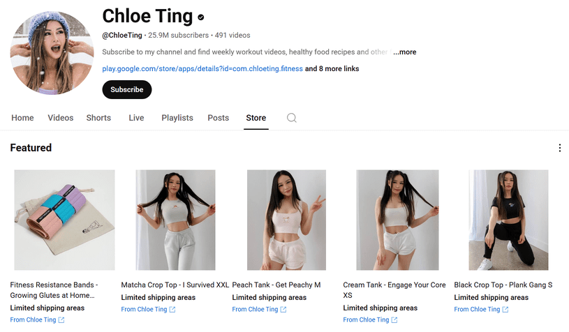 Chloe Ting's platform offers a line of fitness equipment for sale including dumbbells, Pilates balls and resistance bands.
