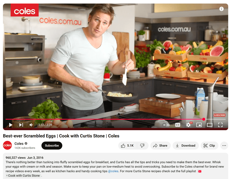 A YouTube video on the Coles channel in which celebrity chef Curtis Stone teaches viewers how to make scrambled eggs.