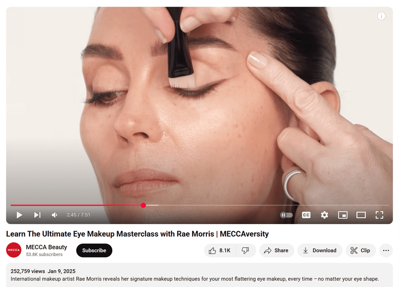 A YouTube video on the MECCA Beauty channel in which makeup artist Rae Morris does an eye makeup tutorial.