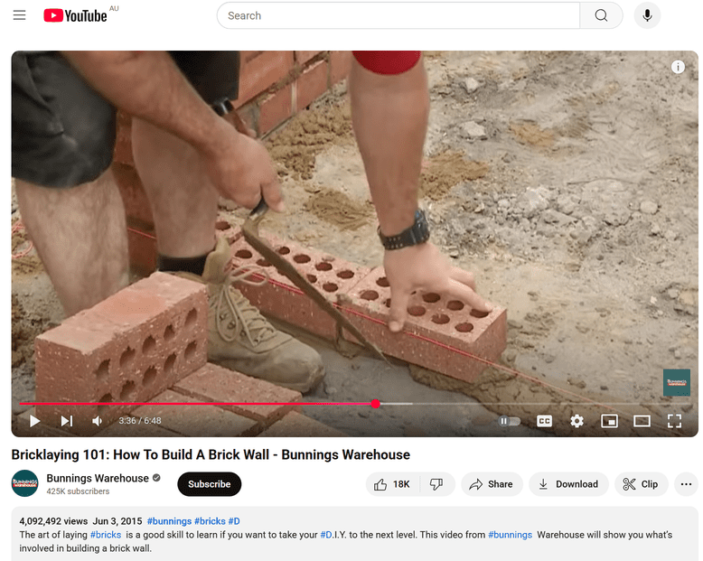 A YouTube video on the Bunnings Warehouse channel in which a man demonstrates how to build a brick wall.