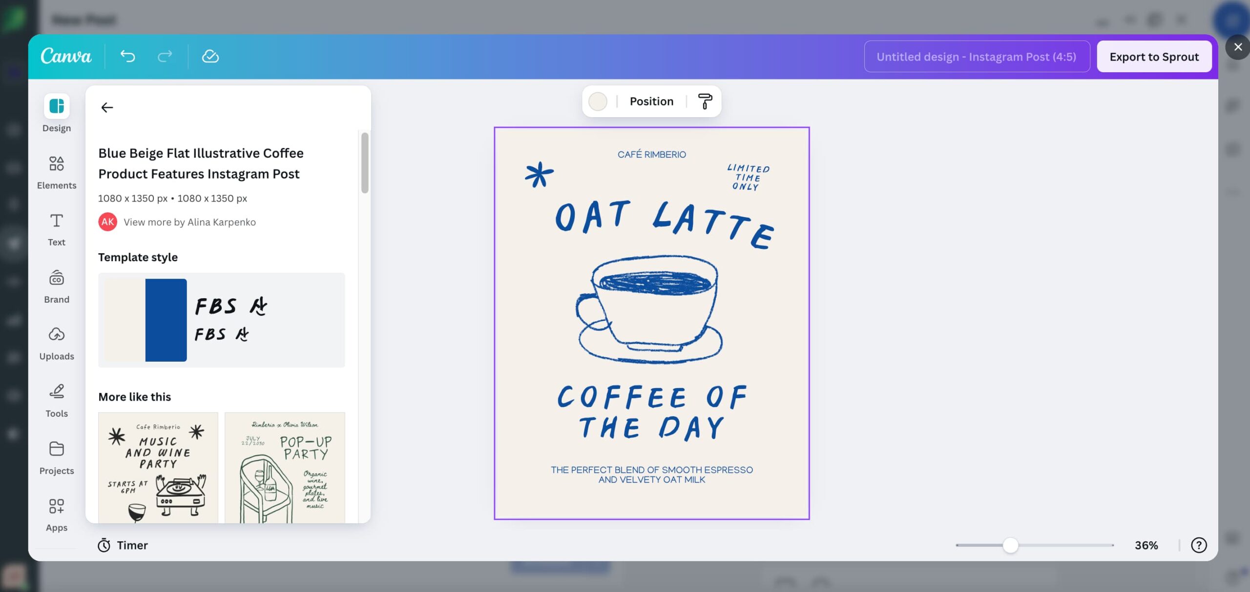 Canva popup window within the Sprout platform showing a sample graphic of a cup of coffee and text that reads "Oat Latte Coffee of the Day"