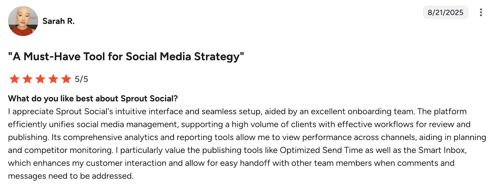 Positive Sprout Social G2 review, 5/5 stars, "A Must-Have Tool for Social Media Strategy"