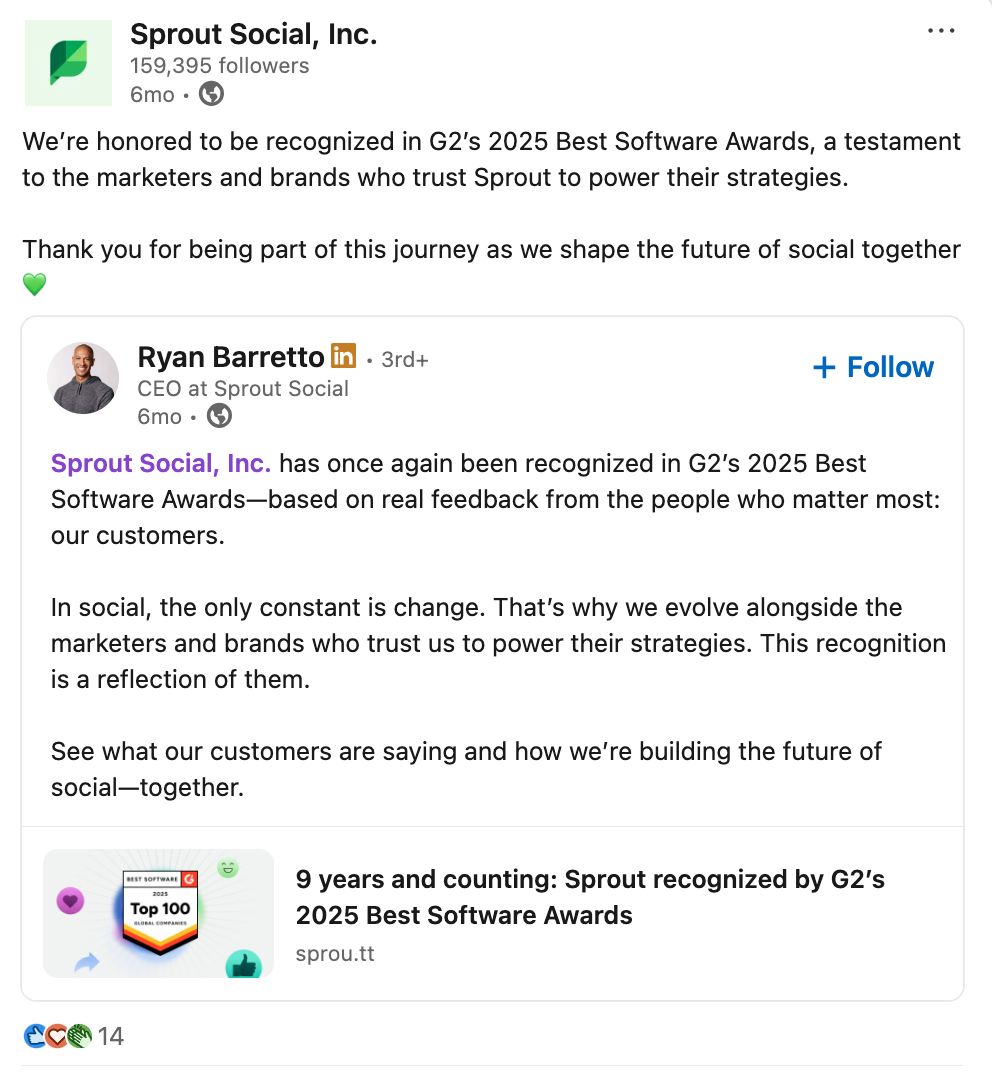 Sprout Social sharing their G2 2025 best software award on LinkedIn.